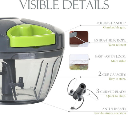 Manual Food Processor Vegetable Chopper, Portable Hand Pull String Garlic Mincer Onion Cutter for Veggies, Ginger, Fruits, Nuts, Herbs, etc., 500ml, Grey
