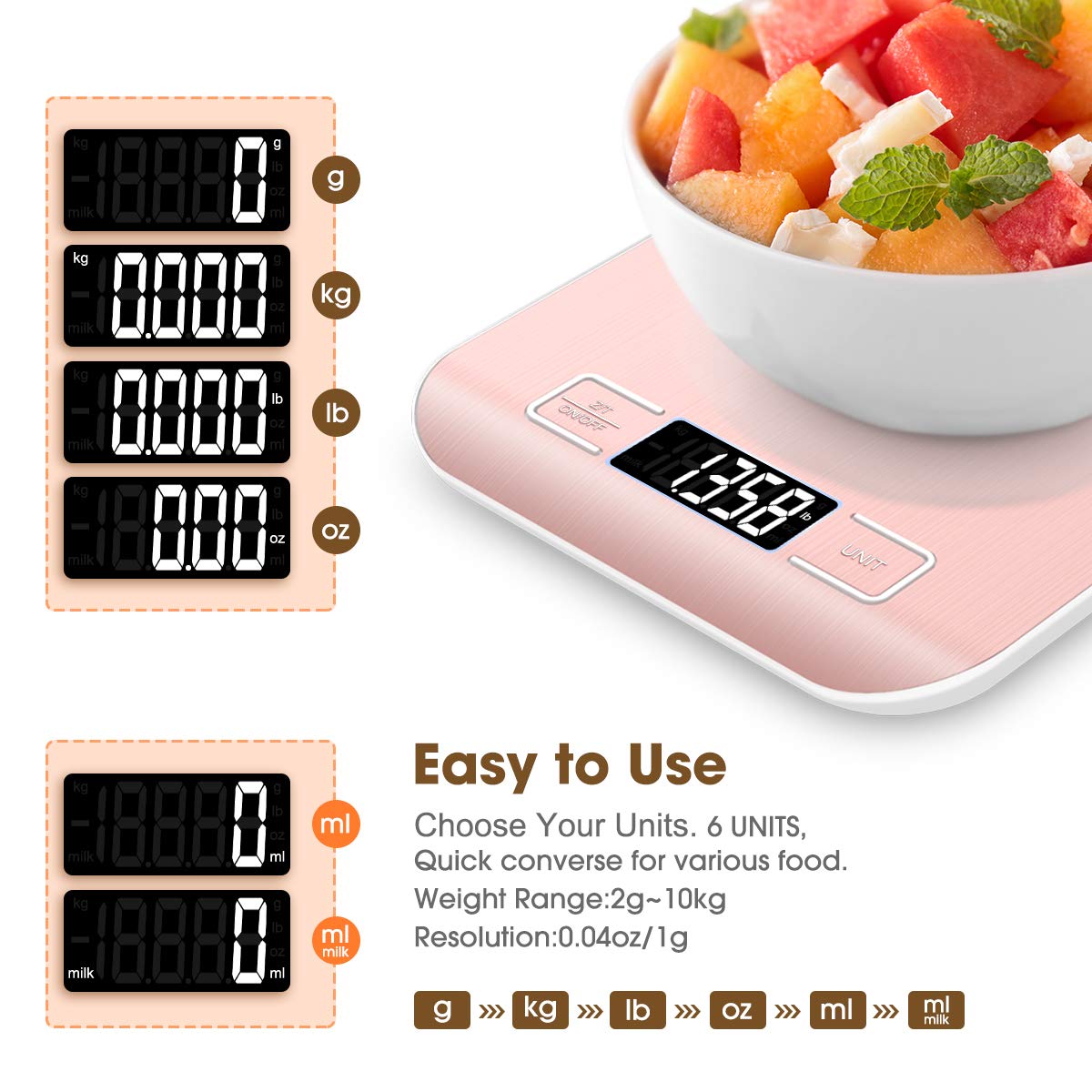 Food Scale Pink, 10kg/22lb Digital Kitchen Scale Weight Grams and Oz for Baking and Cooking, 1g/0.1oz Precise Graduation, Easy Clean Stainless Steel