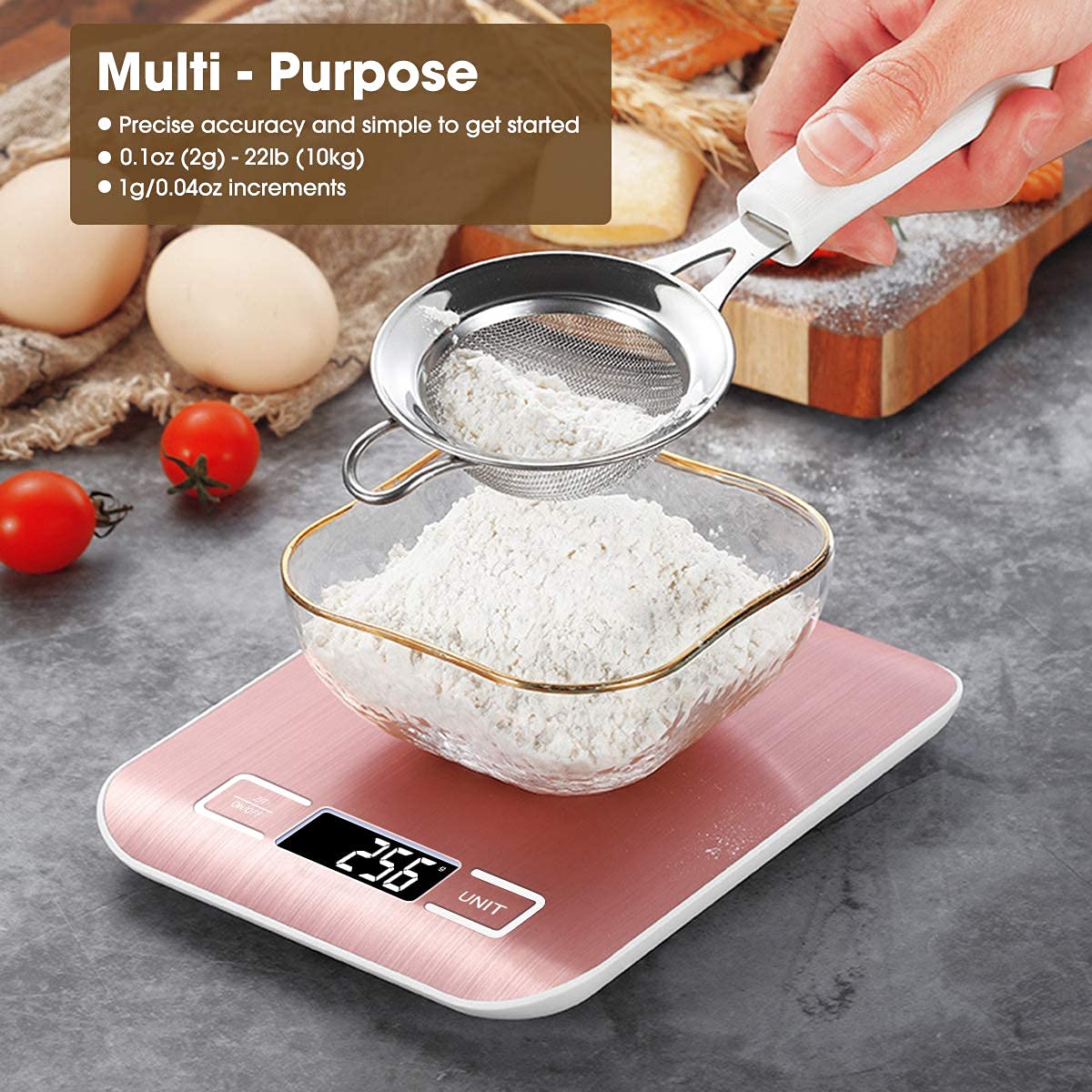 Food Scale Pink, 10kg/22lb Digital Kitchen Scale Weight Grams and Oz for Baking and Cooking, 1g/0.1oz Precise Graduation, Easy Clean Stainless Steel