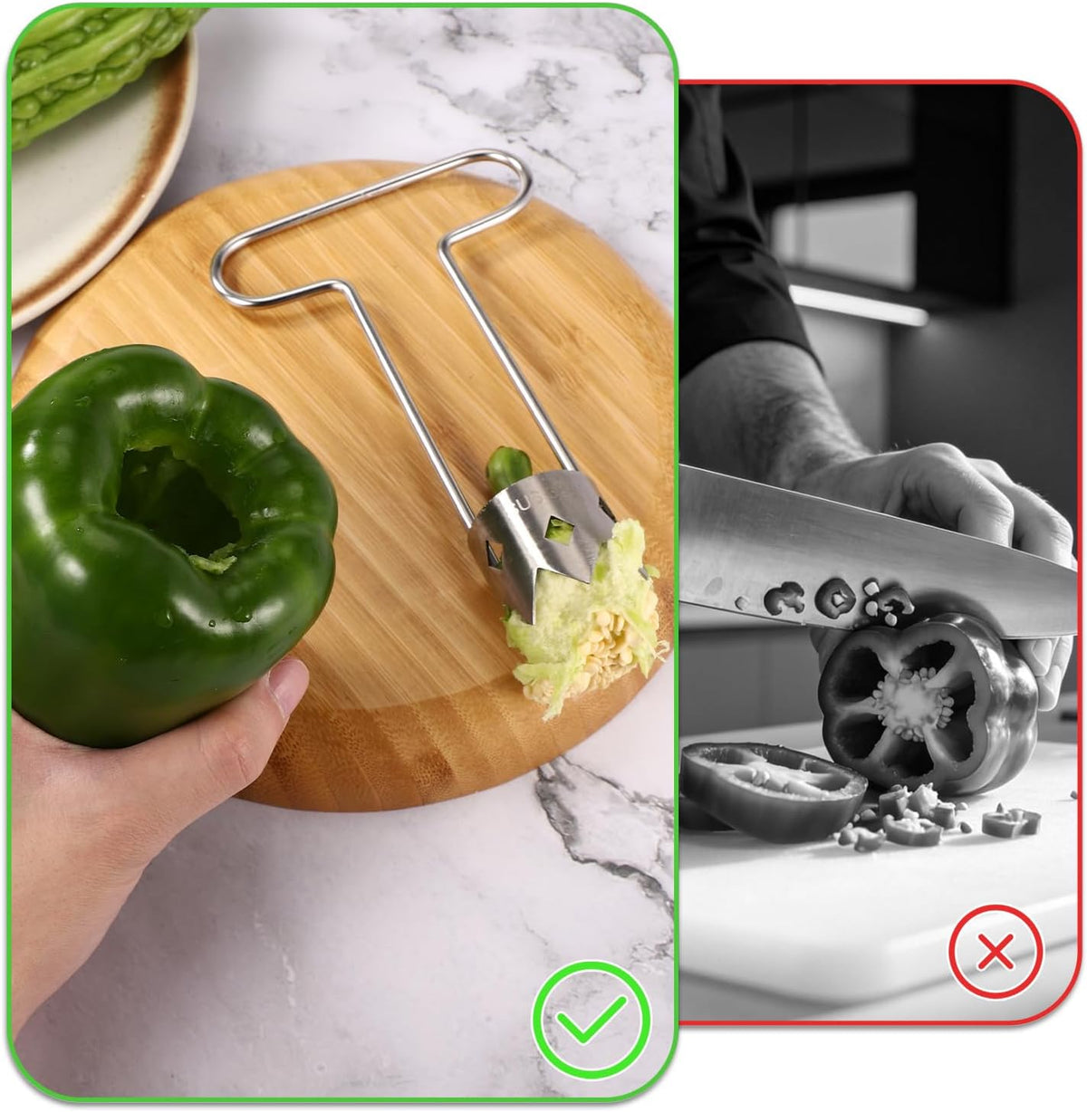 2pcs Red Bell Pepper Seed Corer Set, Stainless Steel T-Shape and Spoon-Shape Fruit Vegetable Stem Remover Practical Kitchen Gadget Tool for Pepper Pineapple Pear Apple Tomato Core Pit Remover