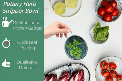 Pottery Herb Stripper Bowl – 4-Slot Herb Stripper for Kale, Herbs & Broccoli | Dishwasher-Safe, Ergonomic Design | Fast Leaf Removal, Space-Saving for Kitchens & RVs(Blue)