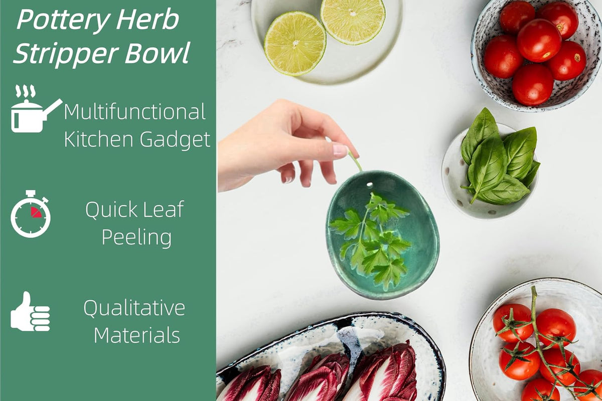 Pottery Herb Stripper Bowl – 4-Slot Herb Stripper for Kale, Herbs & Broccoli | Dishwasher-Safe, Ergonomic Design | Fast Leaf Removal, Space-Saving for Kitchens & RVs(Blue)