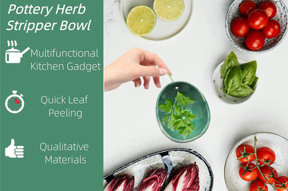 Pottery Herb Stripper Bowl – 4-Slot Herb Stripper for Kale, Herbs & Broccoli | Dishwasher-Safe, Ergonomic Design | Fast Leaf Removal, Space-Saving for Kitchens & RVs(Blue)