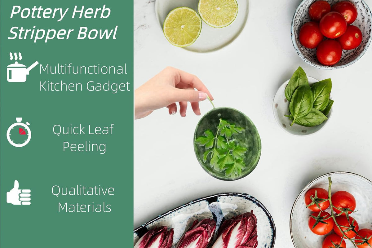 Pottery Herb Stripper Bowl – 4-Slot Herb Stripper for Kale, Herbs & Broccoli | Dishwasher-Safe, Ergonomic Design | Fast Leaf Removal, Space-Saving for Kitchens & RVs(Blue)