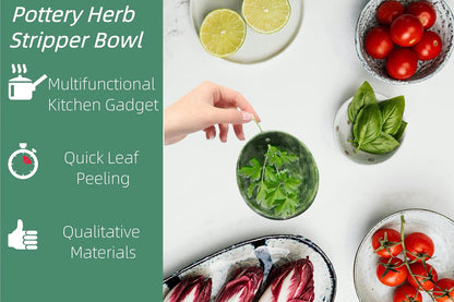 Pottery Herb Stripper Bowl – 4-Slot Herb Stripper for Kale, Herbs & Broccoli | Dishwasher-Safe, Ergonomic Design | Fast Leaf Removal, Space-Saving for Kitchens & RVs(Blue)
