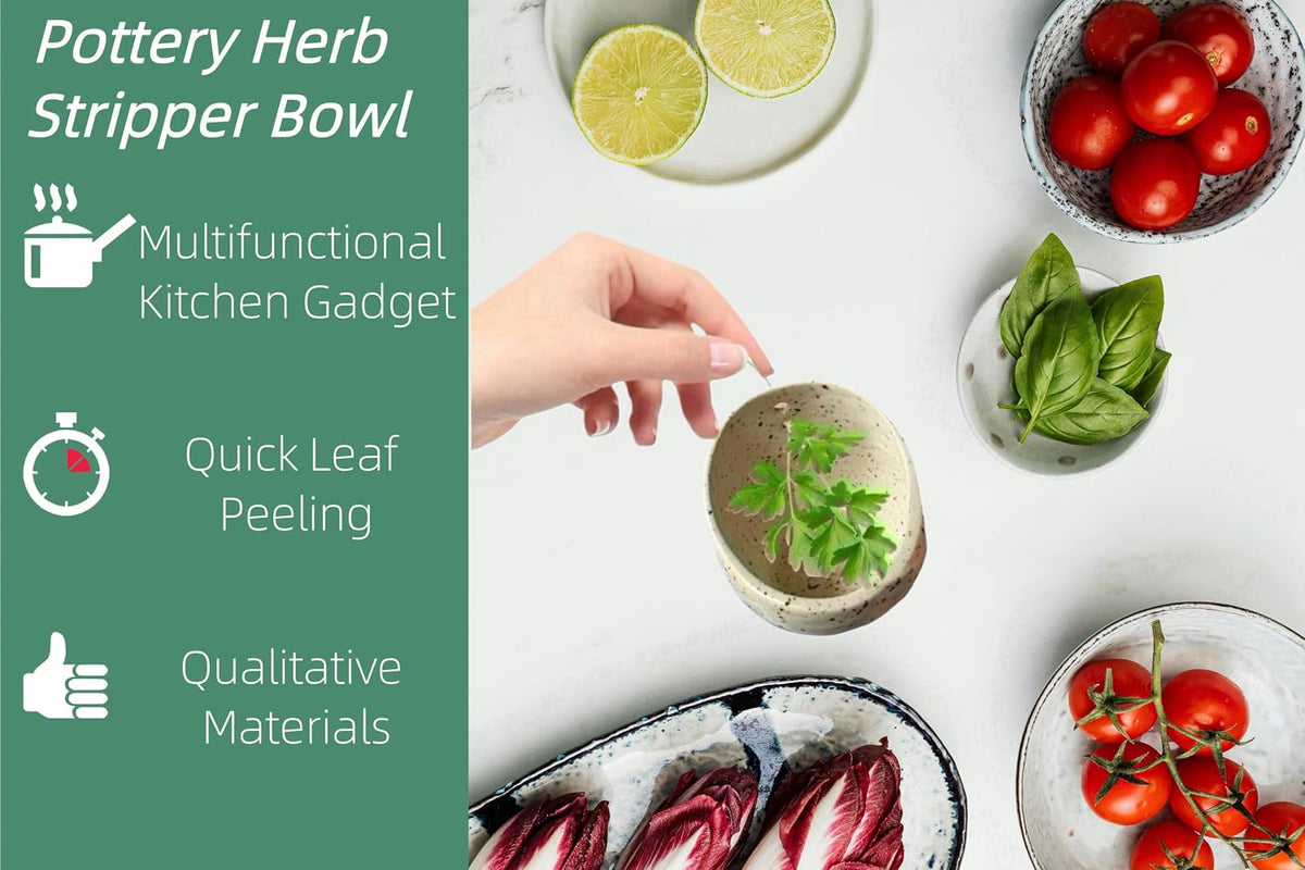 Pottery Herb Stripper Bowl – 4-Slot Herb Stripper for Kale, Herbs & Broccoli | Dishwasher-Safe, Ergonomic Design | Fast Leaf Removal, Space-Saving for Kitchens & RVs(Blue)