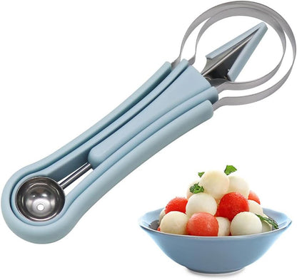 Melon Baller Scoop Set, Professional 4 In 1 Stainless Steel Watermelon Cutter Fruit Carving Tools Set, Fruit Scooper Seed Remover Watermelon Knife for Vegetable, Salad, Ice Cream (Blue)