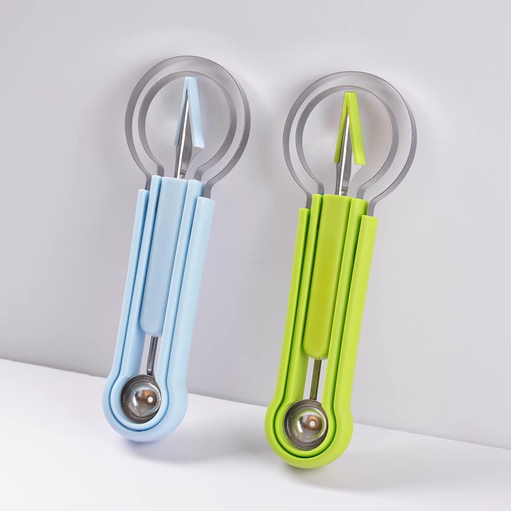Melon Baller Scoop Set, Professional 4 In 1 Stainless Steel Watermelon Cutter Fruit Carving Tools Set, Fruit Scooper Seed Remover Watermelon Knife for Vegetable, Salad, Ice Cream (Blue)