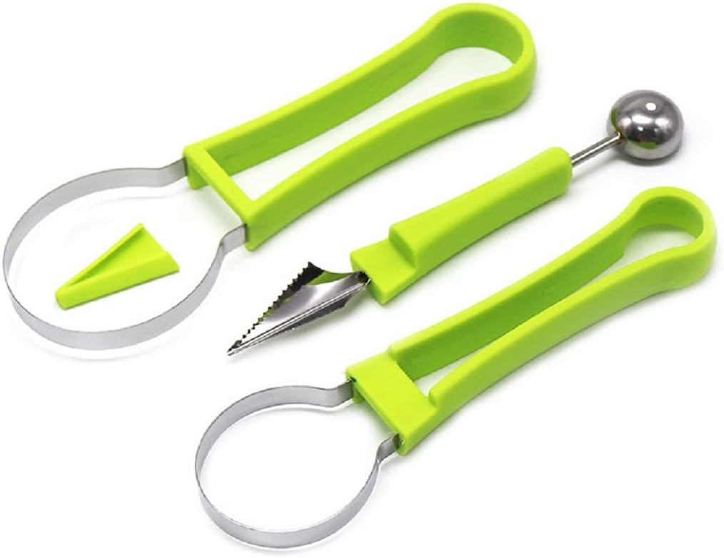 Melon Baller Scoop Set, Professional 4 In 1 Stainless Steel Watermelon Cutter Fruit Carving Tools Set, Fruit Scooper Seed Remover Watermelon Knife for Vegetable, Salad, Ice Cream (Blue)