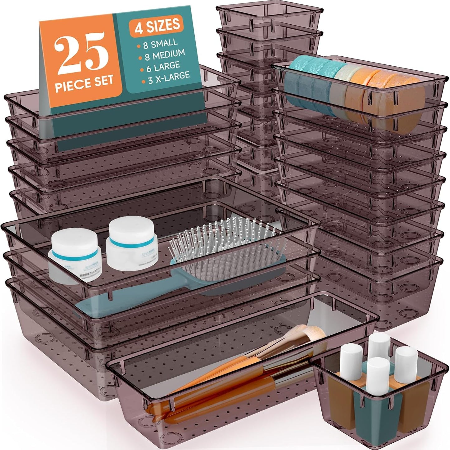 25 PCS Clear Plastic Drawer Organizer Set, 4 Sizes Desk Drawer Divider Organizers and Storage Bins for Makeup, Jewelry, Gadgets for Kitchen, Bedroom, Bathroom, Office