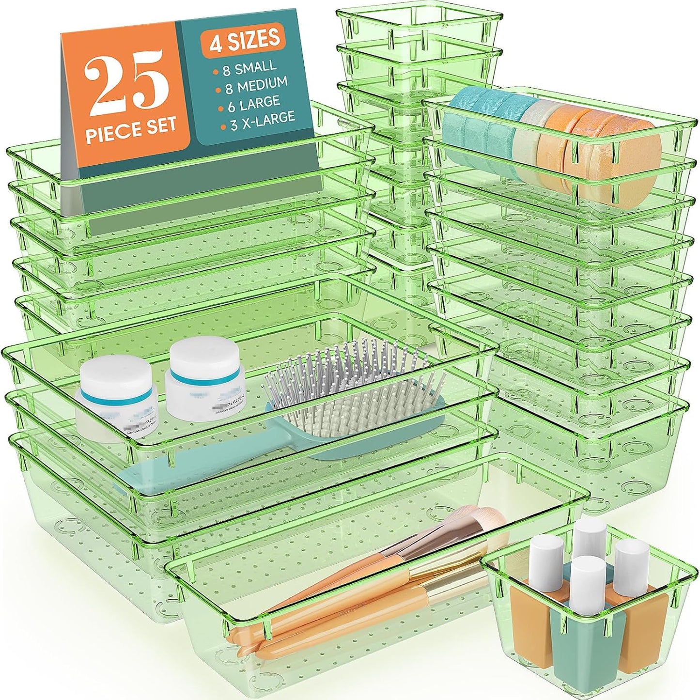 25 PCS Clear Plastic Drawer Organizer Set, 4 Sizes Desk Drawer Divider Organizers and Storage Bins for Makeup, Jewelry, Gadgets for Kitchen, Bedroom, Bathroom, Office