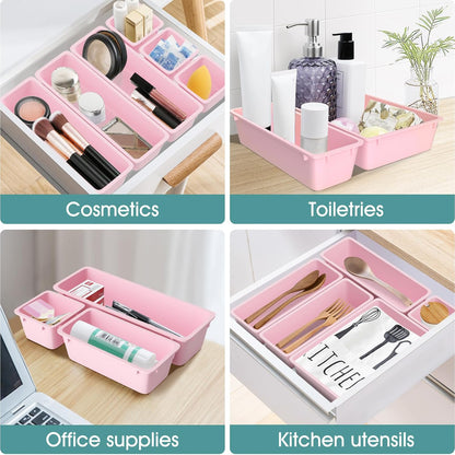 25 PCS Clear Plastic Drawer Organizer Set, 4 Sizes Desk Drawer Divider Organizers and Storage Bins for Makeup, Jewelry, Gadgets for Kitchen, Bedroom, Bathroom, Office