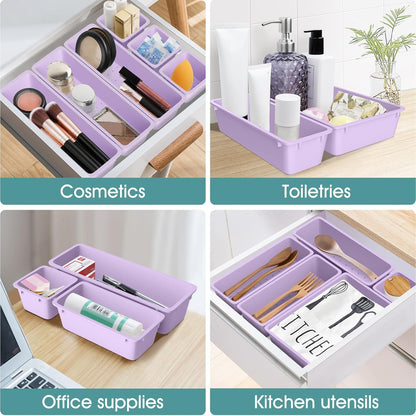 25 PCS Clear Plastic Drawer Organizer Set, 4 Sizes Desk Drawer Divider Organizers and Storage Bins for Makeup, Jewelry, Gadgets for Kitchen, Bedroom, Bathroom, Office