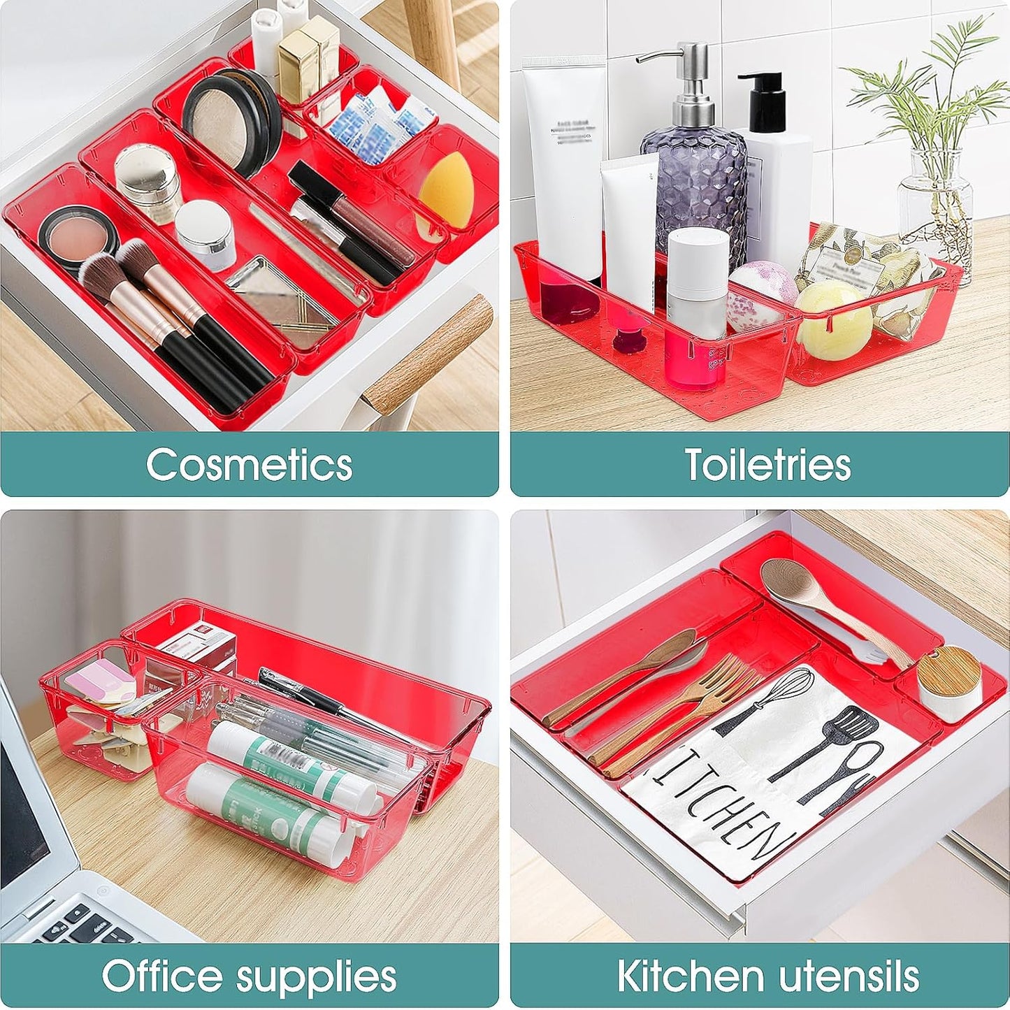 25 PCS Clear Plastic Drawer Organizer Set, 4 Sizes Desk Drawer Divider Organizers and Storage Bins for Makeup, Jewelry, Gadgets for Kitchen, Bedroom, Bathroom, Office