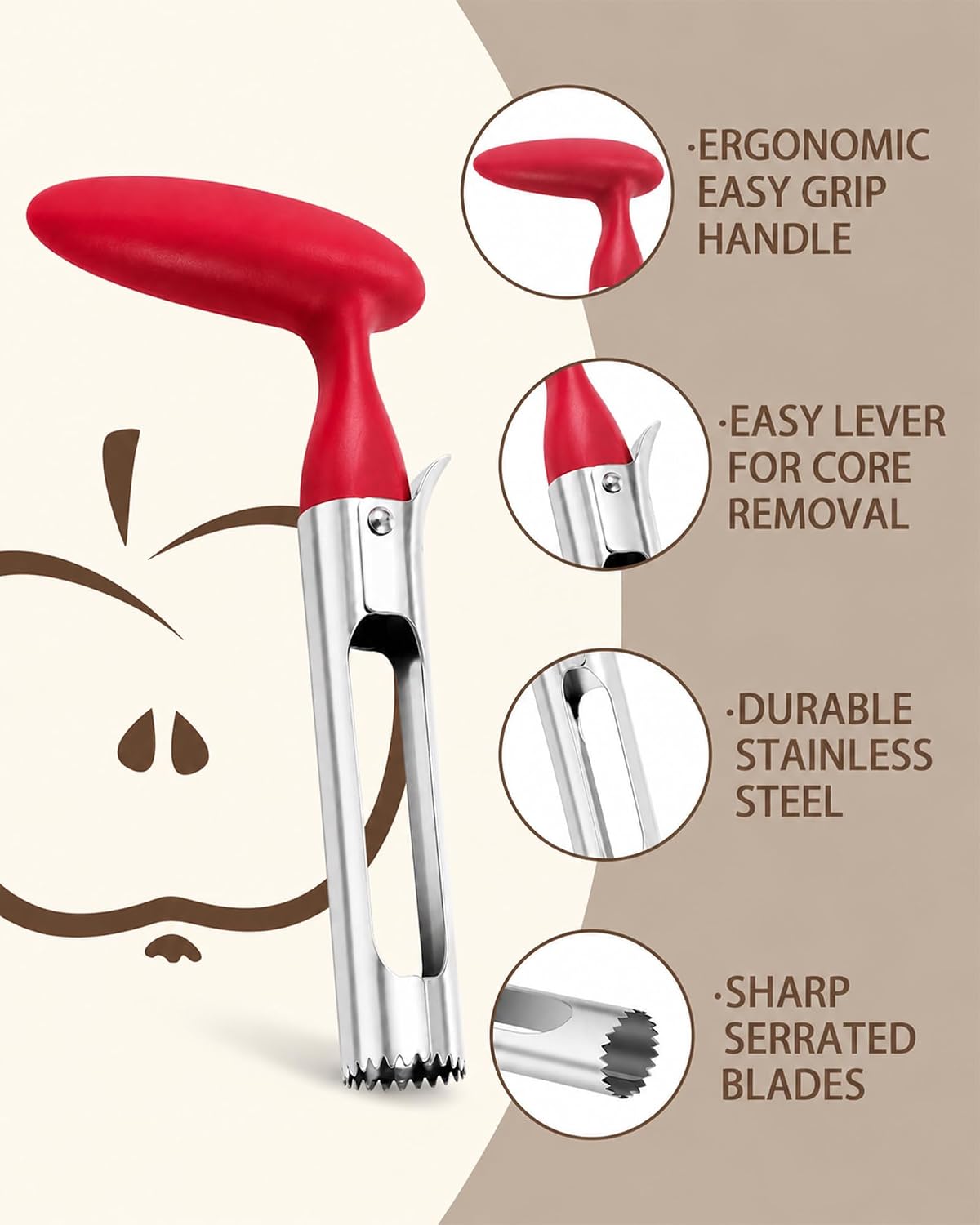 Premium Apple Corer Tool - Easy to Use & Clean, Ultra Sharp, Sturdy Ergonomic Handle - Durable Corer Remover for Baking & More (Gray)
