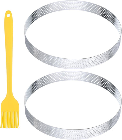 2pcs Perforated Cake Rings 5.9 Inch Stainless Steel Round Cake Mousse Ring Molds with Brush for Baking Cake Dessert Pastry Making, Silver Tone