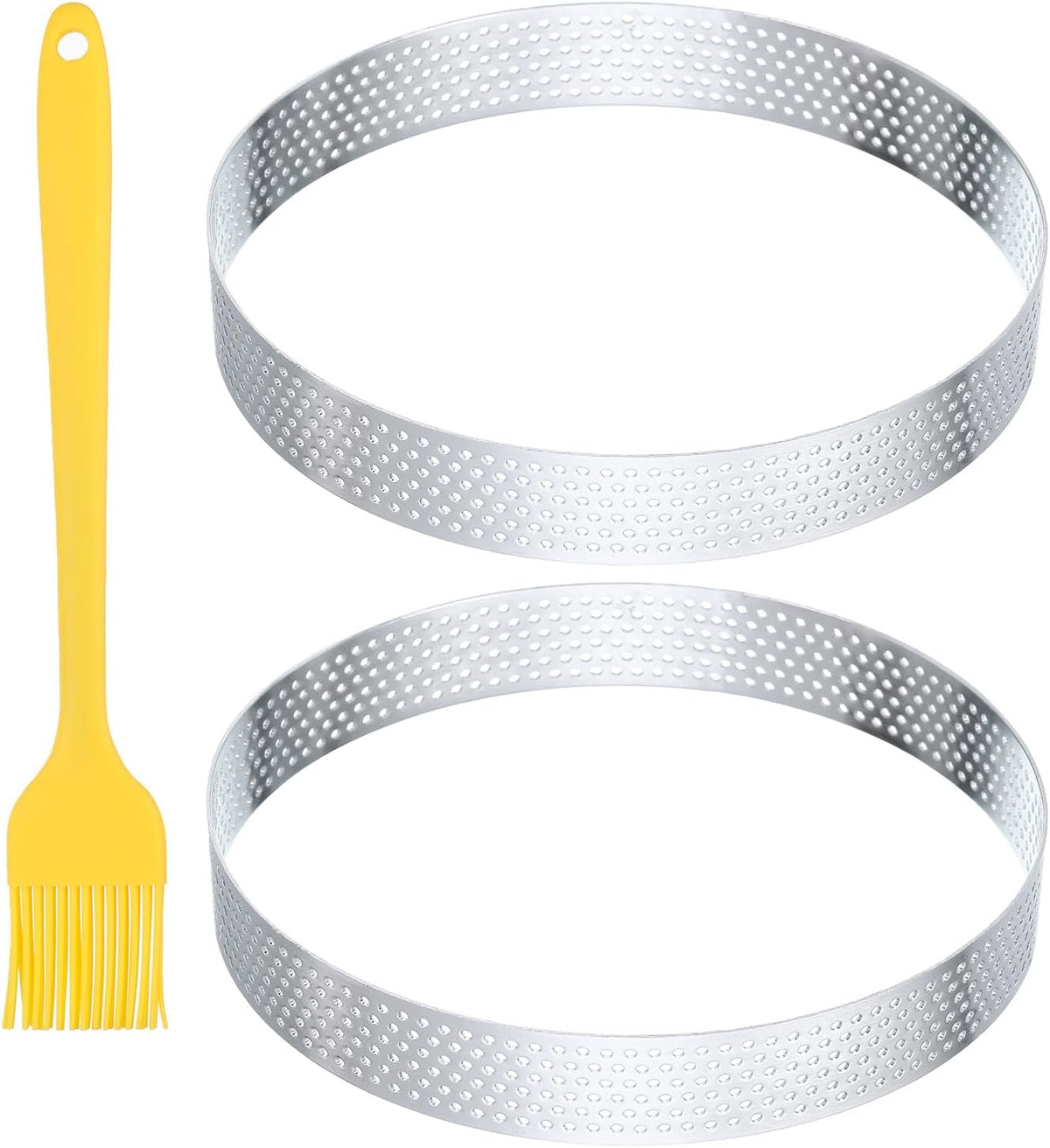 2pcs Perforated Cake Rings 5.9 Inch Stainless Steel Round Cake Mousse Ring Molds with Brush for Baking Cake Dessert Pastry Making, Silver Tone