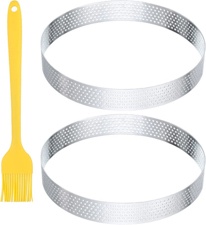 2pcs Perforated Cake Rings 5.9 Inch Stainless Steel Round Cake Mousse Ring Molds with Brush for Baking Cake Dessert Pastry Making, Silver Tone