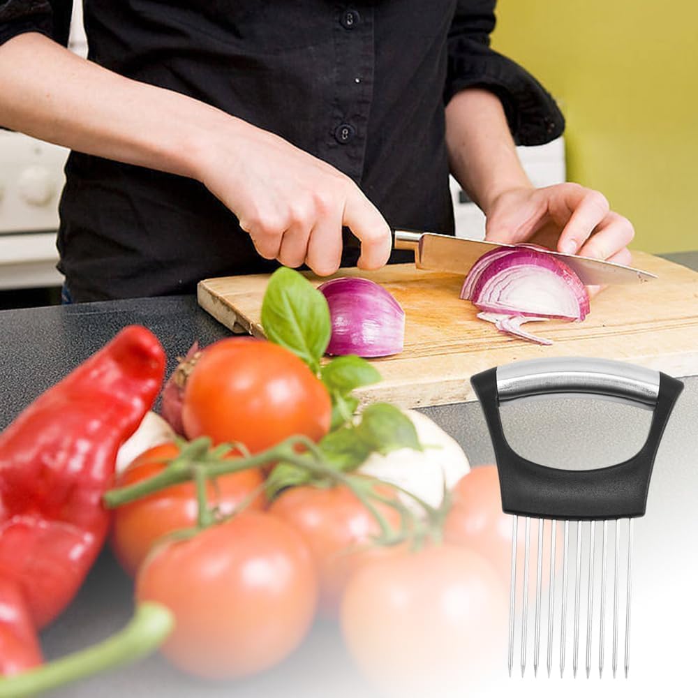 Onion Holder for Slicing, Stainless Steel Onion Slice Holder Lemon Slicer Cutter for Slicing, Multi-Use Vegetable Chopper for Onions Tomatoes Avocados Potato Meat Lemon, Food Slicing Assistant