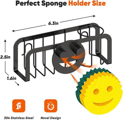 Sponge Holder for Kitchen Sink, Sink Caddy Organizer with Smiley Face, Dish Soap Holder Rack for Kitchen with Suction Cups/Adhesive Strips, Design for Sponge, Soap, Dish Brush, Scrubber, Stoppers