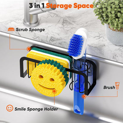 Sponge Holder for Kitchen Sink, Sink Caddy Organizer with Smiley Face, Dish Soap Holder Rack for Kitchen with Suction Cups/Adhesive Strips, Design for Sponge, Soap, Dish Brush, Scrubber, Stoppers