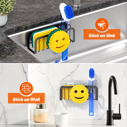 Sponge Holder for Kitchen Sink, Sink Caddy Organizer with Smiley Face, Dish Soap Holder Rack for Kitchen with Suction Cups/Adhesive Strips, Design for Sponge, Soap, Dish Brush, Scrubber, Stoppers