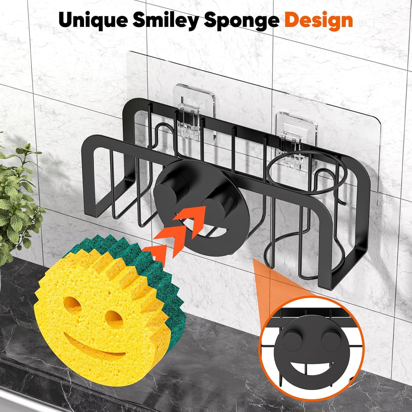 Sponge Holder for Kitchen Sink, Sink Caddy Organizer with Smiley Face, Dish Soap Holder Rack for Kitchen with Suction Cups/Adhesive Strips, Design for Sponge, Soap, Dish Brush, Scrubber, Stoppers