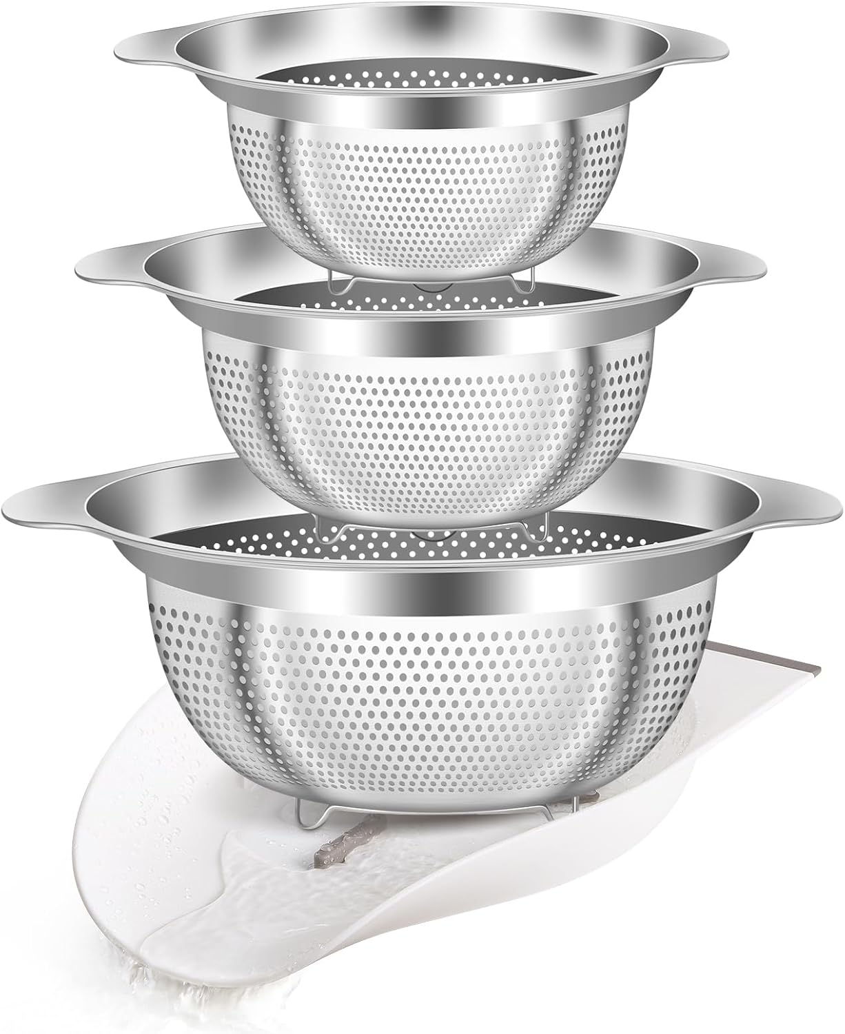 Stainless Steel Colander for Kitchen Pasta Rice Strainer for Spaghetti Fruit Cooking Food 3 Pcs Set Metal Mesh Strainers and Colanders(2QT, 3QT, 5QT),Dishwasher Safe,with Over-Sink Water Draining Base