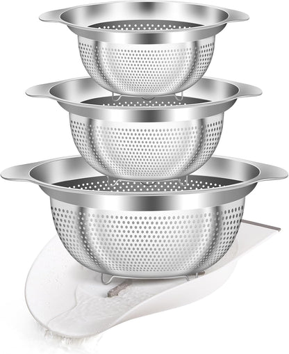 Stainless Steel Colander for Kitchen Pasta Rice Strainer for Spaghetti Fruit Cooking Food 3 Pcs Set Metal Mesh Strainers and Colanders(2QT, 3QT, 5QT),Dishwasher Safe,with Over-Sink Water Draining Base