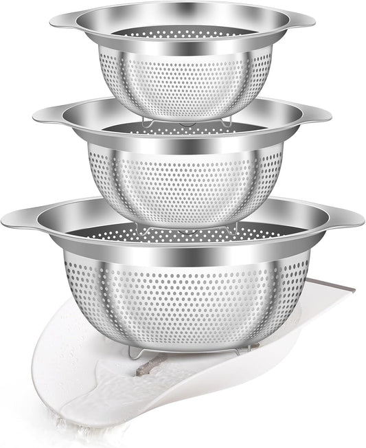 Stainless Steel Colander for Kitchen Pasta Rice Strainer for Spaghetti Fruit Cooking Food 3 Pcs Set Metal Mesh Strainers and Colanders(2QT, 3QT, 5QT),Dishwasher Safe,with Over-Sink Water Draining Base