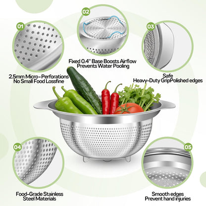 Stainless Steel Colander for Kitchen Pasta Rice Strainer for Spaghetti Fruit Cooking Food 3 Pcs Set Metal Mesh Strainers and Colanders(2QT, 3QT, 5QT),Dishwasher Safe,with Over-Sink Water Draining Base
