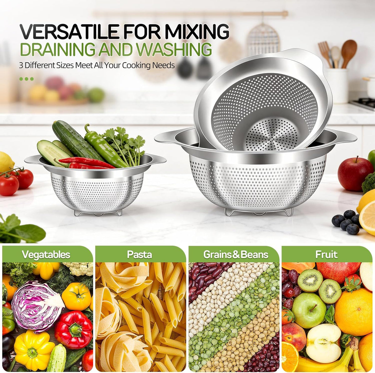 Stainless Steel Colander for Kitchen Pasta Rice Strainer for Spaghetti Fruit Cooking Food 3 Pcs Set Metal Mesh Strainers and Colanders(2QT, 3QT, 5QT),Dishwasher Safe,with Over-Sink Water Draining Base