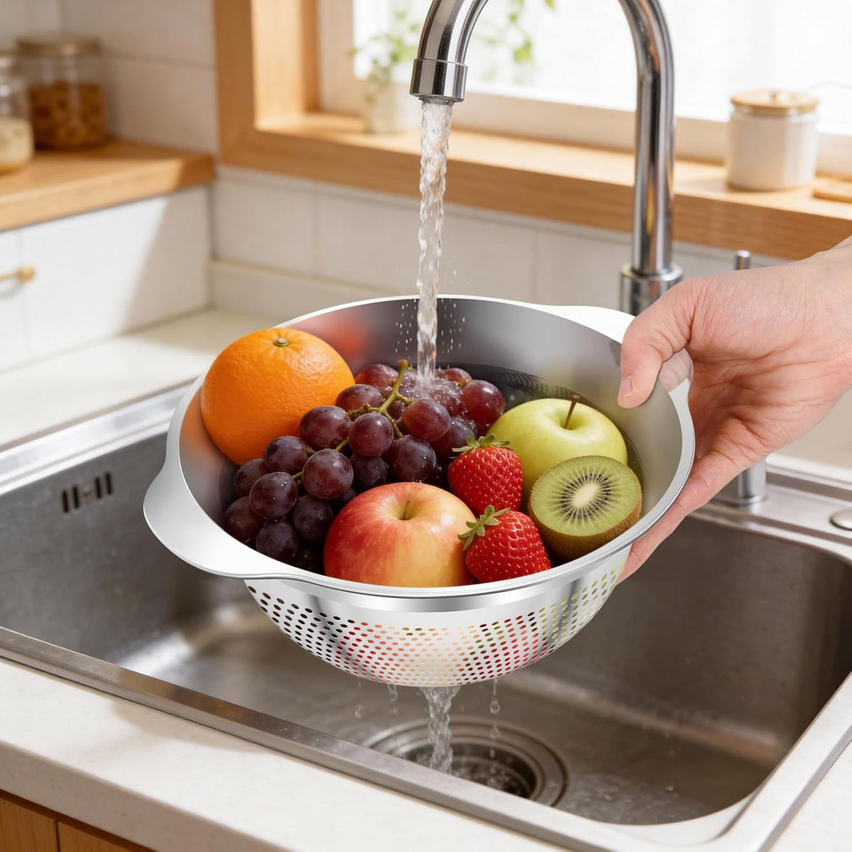 Stainless Steel Colander for Kitchen Pasta Rice Strainer for Spaghetti Fruit Cooking Food 3 Pcs Set Metal Mesh Strainers and Colanders(2QT, 3QT, 5QT),Dishwasher Safe,with Over-Sink Water Draining Base