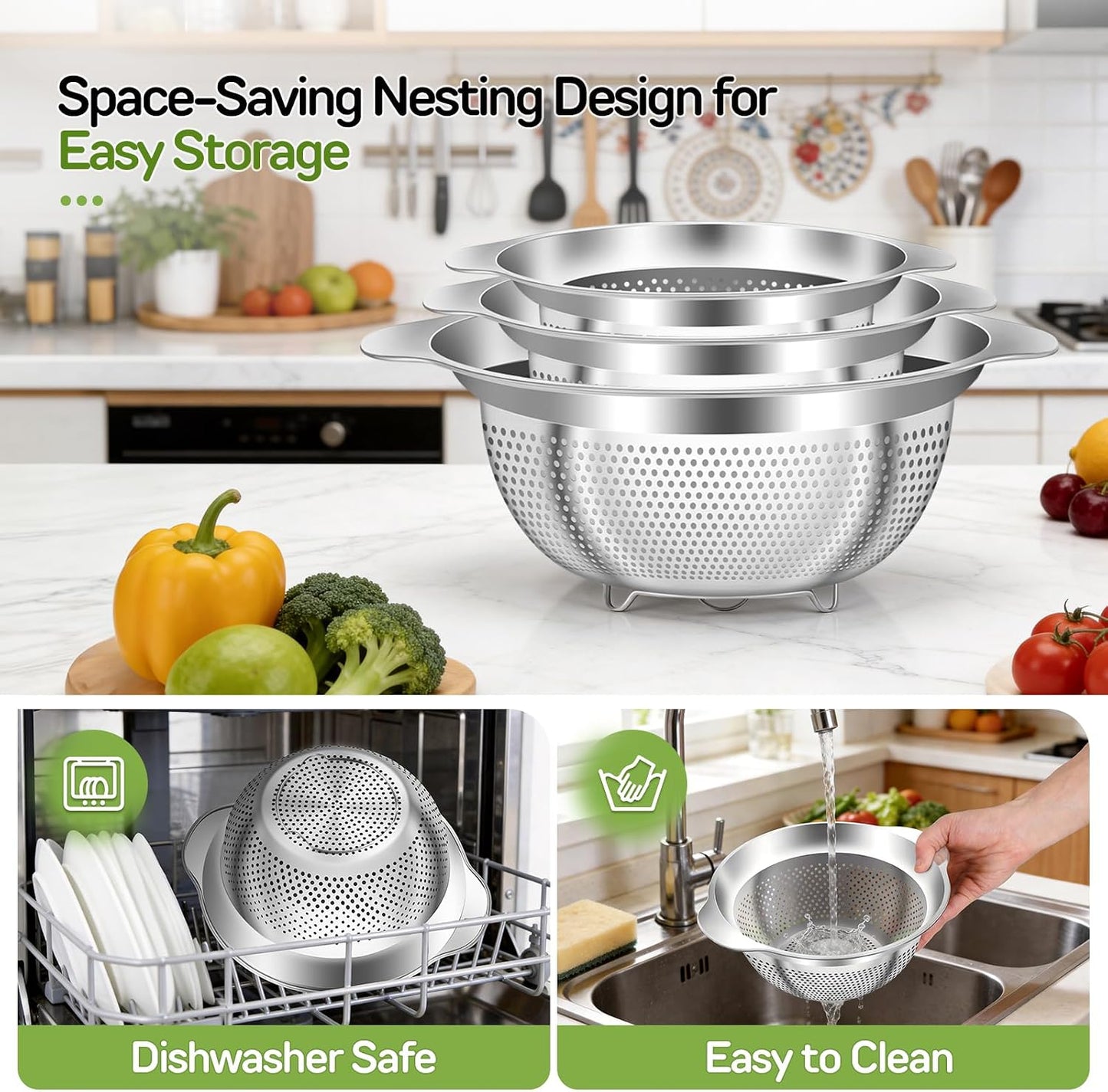 Stainless Steel Colander for Kitchen Pasta Rice Strainer for Spaghetti Fruit Cooking Food 3 Pcs Set Metal Mesh Strainers and Colanders(2QT, 3QT, 5QT),Dishwasher Safe,with Over-Sink Water Draining Base