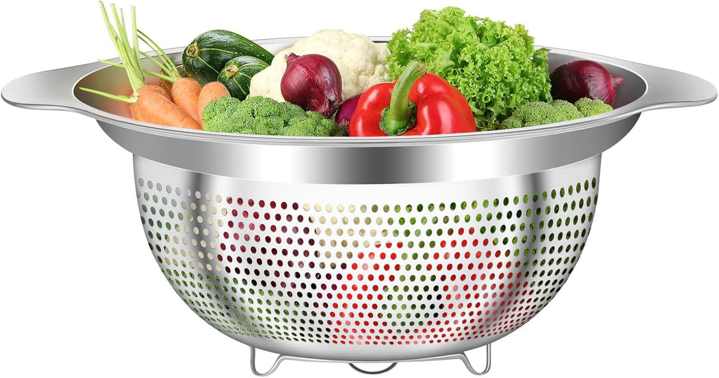 Stainless Steel Colander for Kitchen Pasta Rice Strainer for Spaghetti Fruit Cooking Food 3 Pcs Set Metal Mesh Strainers and Colanders(2QT, 3QT, 5QT),Dishwasher Safe,with Over-Sink Water Draining Base