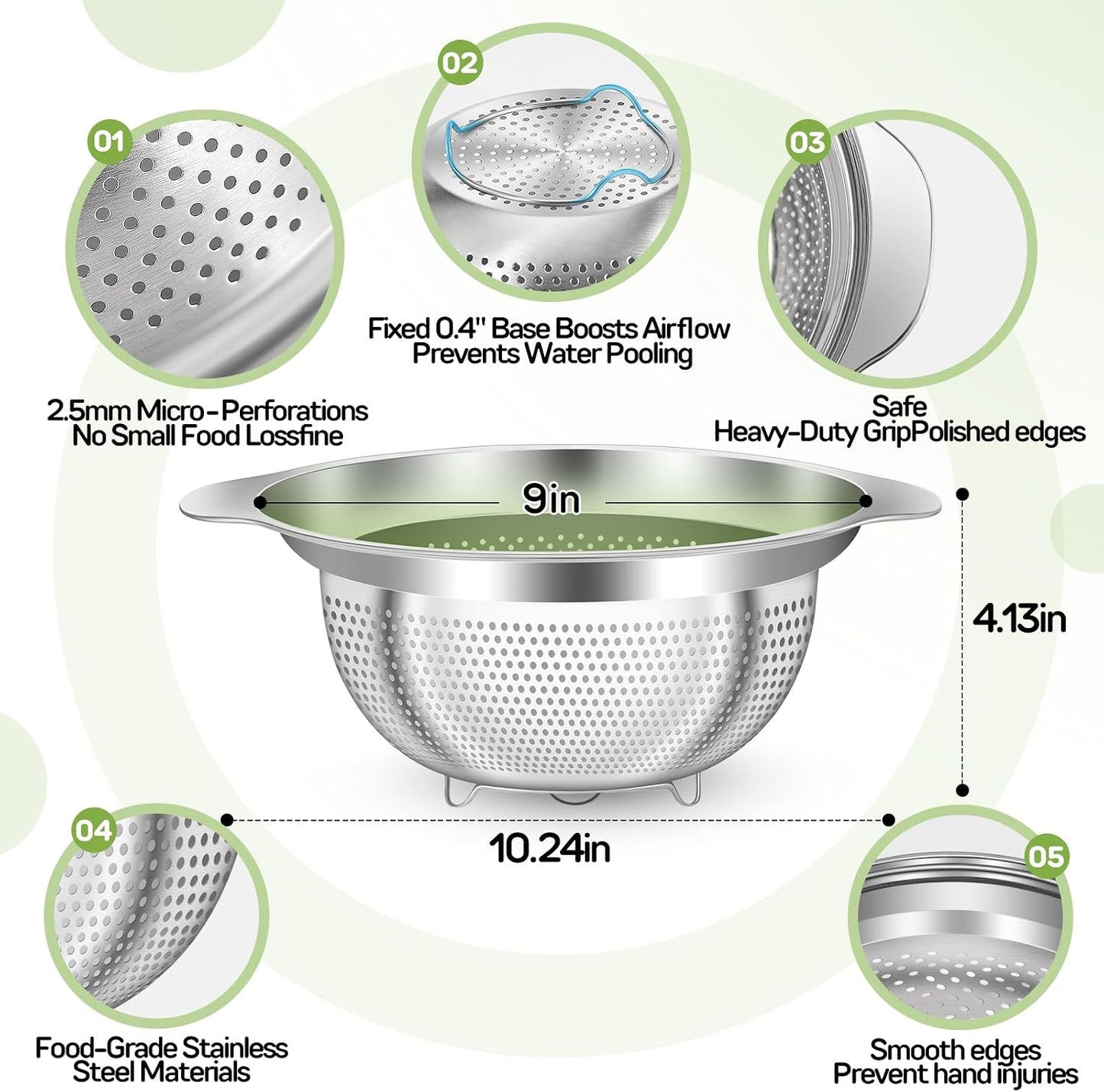 Stainless Steel Colander for Kitchen Pasta Rice Strainer for Spaghetti Fruit Cooking Food 3 Pcs Set Metal Mesh Strainers and Colanders(2QT, 3QT, 5QT),Dishwasher Safe,with Over-Sink Water Draining Base