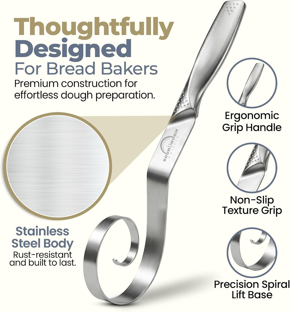 Seamless Dough Whisk, Stainless Steel Danish Dough Wisk, 9" Bread Whisk for Sourdough, Cookies, Pizza, Pastry, Dishwasher Safe Dough Hook