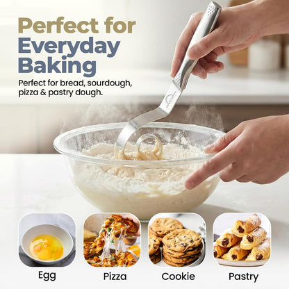 Seamless Dough Whisk, Stainless Steel Danish Dough Wisk, 9" Bread Whisk for Sourdough, Cookies, Pizza, Pastry, Dishwasher Safe Dough Hook