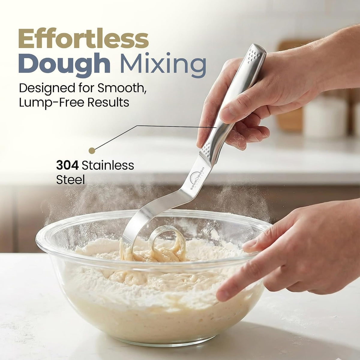 Seamless Dough Whisk, Stainless Steel Danish Dough Wisk, 9" Bread Whisk for Sourdough, Cookies, Pizza, Pastry, Dishwasher Safe Dough Hook