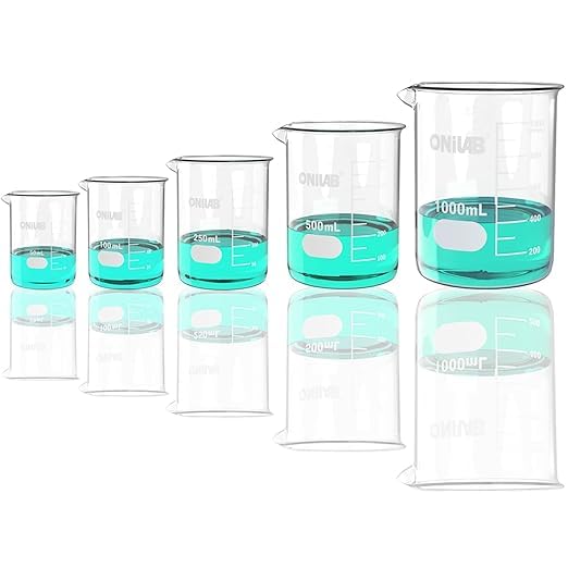 Glass Measuring Beaker Set 50ml 100ml 250ml 500ml 1000ml(Pack of 5) | 3.3 Borosilicate Material, Griffin Low Form Design, Printed Graduation Markings, Heat Resistance, Laboratory Applications