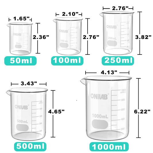 Glass Measuring Beaker Set 50ml 100ml 250ml 500ml 1000ml(Pack of 5) | 3.3 Borosilicate Material, Griffin Low Form Design, Printed Graduation Markings, Heat Resistance, Laboratory Applications