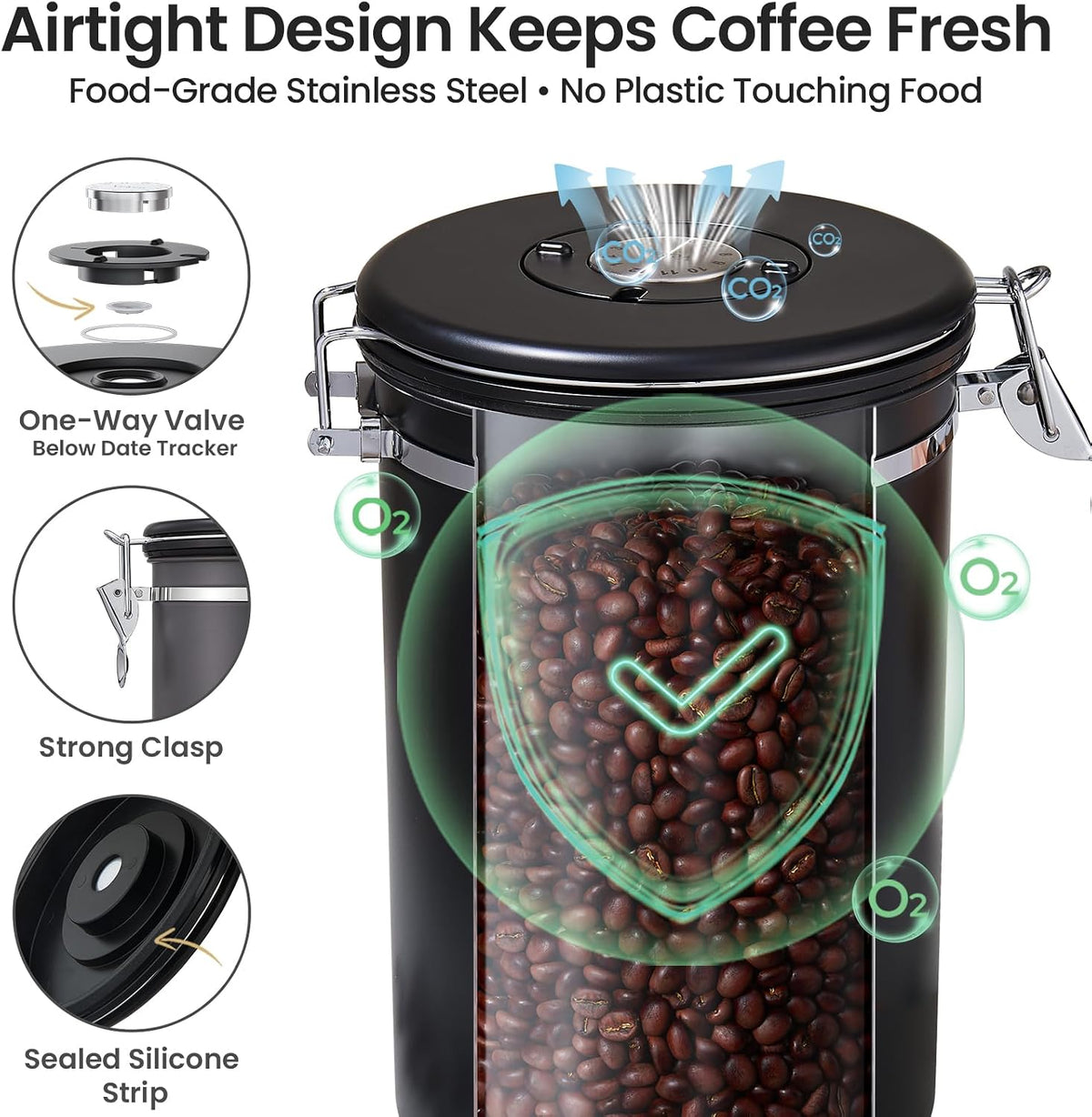Coffee Canister, Airtight Stainless Steel Food Storage Container,16OZ