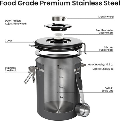 Coffee Canister, Airtight Stainless Steel Food Storage Container,16OZ
