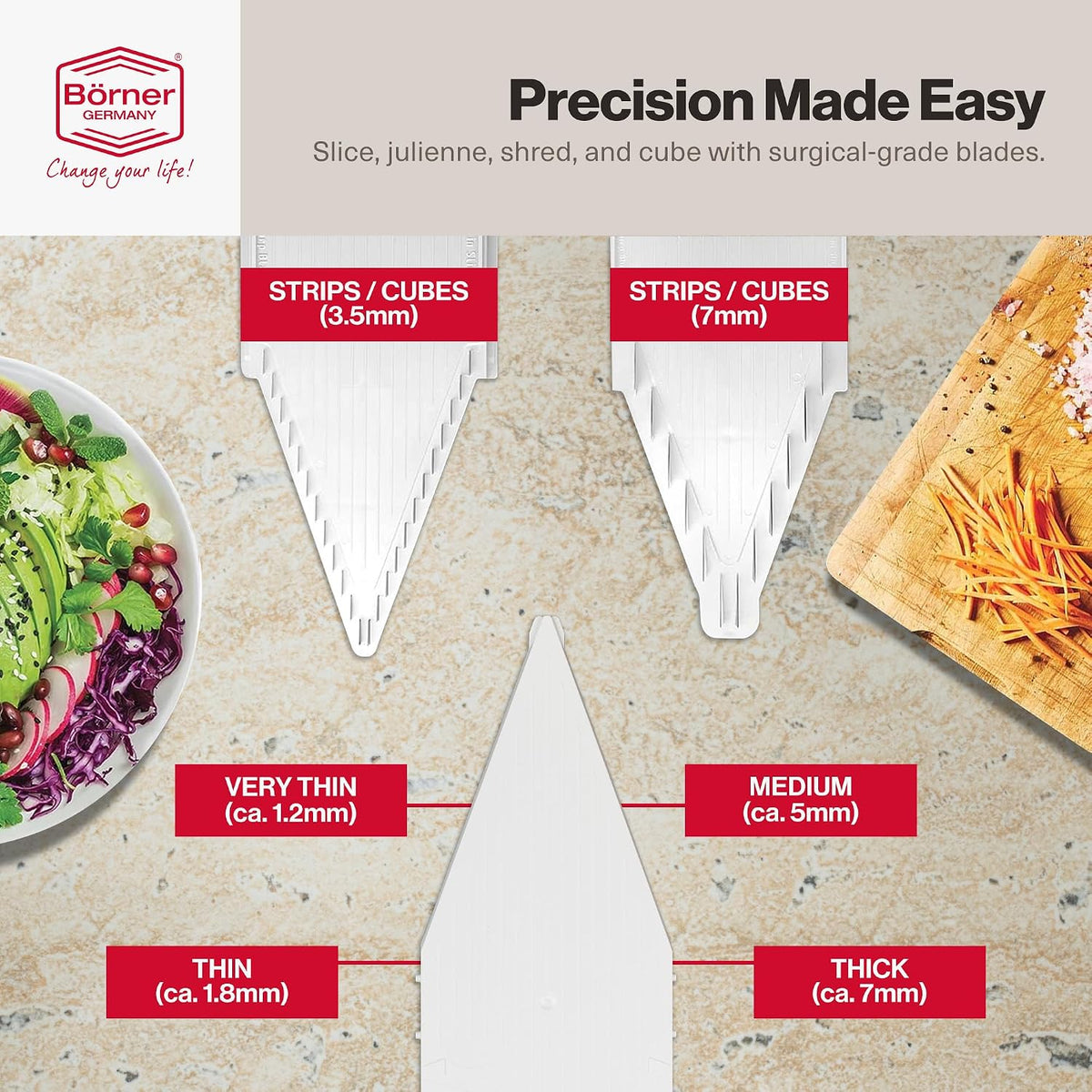 Swissmar VPower V-Slicer Mandoline – Professional Kitchen Tool with Adjustable Thickness – Precision Food Slicer for Vegetables, Julienne, Shredding – Includes Safety Holder & Inserts - White