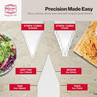 Swissmar VPower V-Slicer Mandoline – Professional Kitchen Tool with Adjustable Thickness – Precision Food Slicer for Vegetables, Julienne, Shredding – Includes Safety Holder & Inserts - White