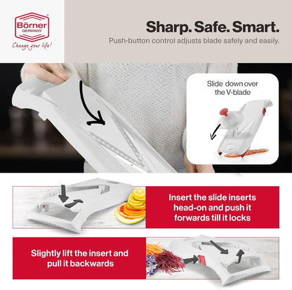 Swissmar VPower V-Slicer Mandoline – Professional Kitchen Tool with Adjustable Thickness – Precision Food Slicer for Vegetables, Julienne, Shredding – Includes Safety Holder & Inserts - White