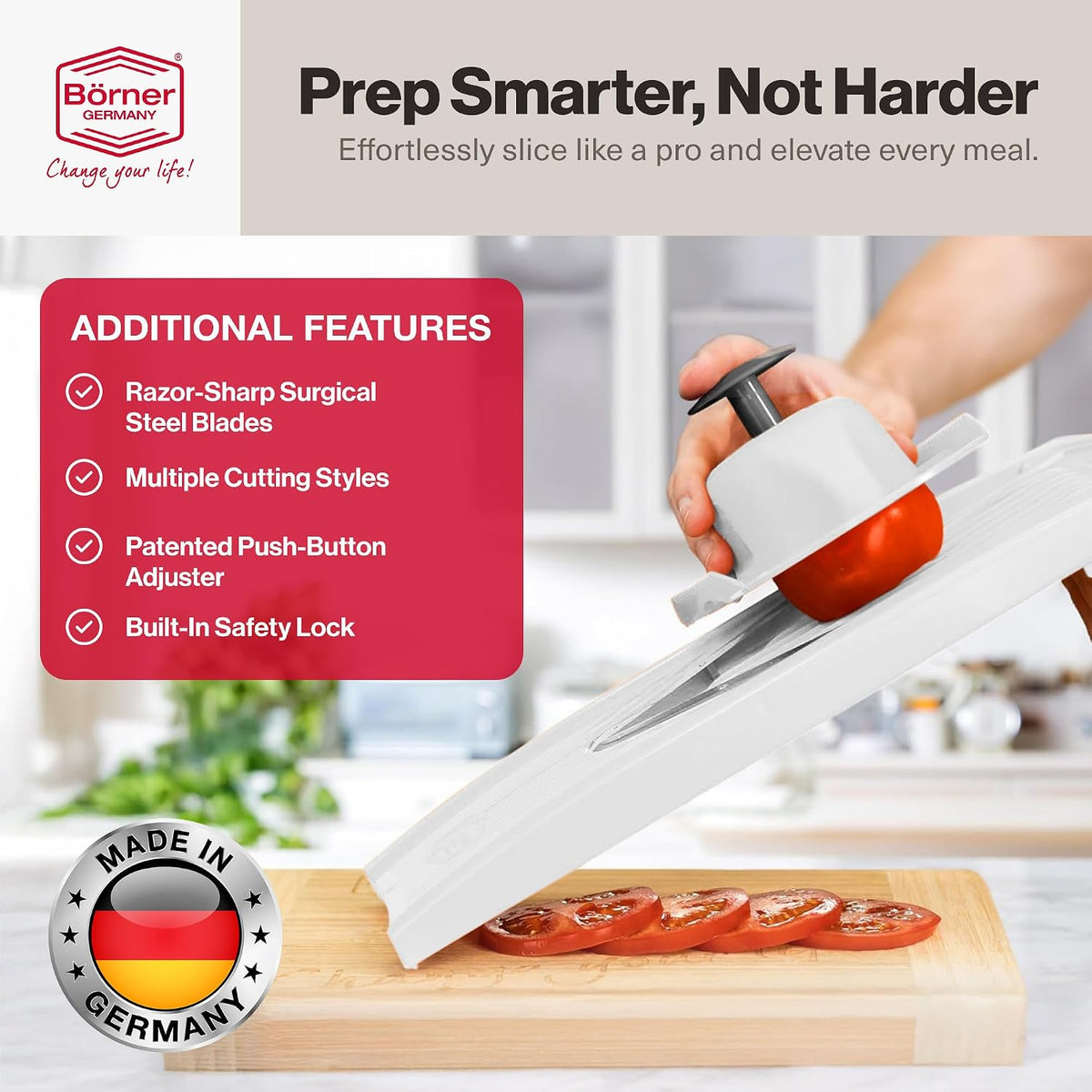 Swissmar VPower V-Slicer Mandoline – Professional Kitchen Tool with Adjustable Thickness – Precision Food Slicer for Vegetables, Julienne, Shredding – Includes Safety Holder & Inserts - White