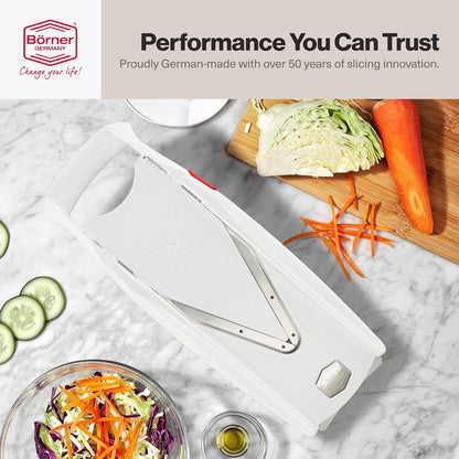 Swissmar VPower V-Slicer Mandoline – Professional Kitchen Tool with Adjustable Thickness – Precision Food Slicer for Vegetables, Julienne, Shredding – Includes Safety Holder & Inserts - White