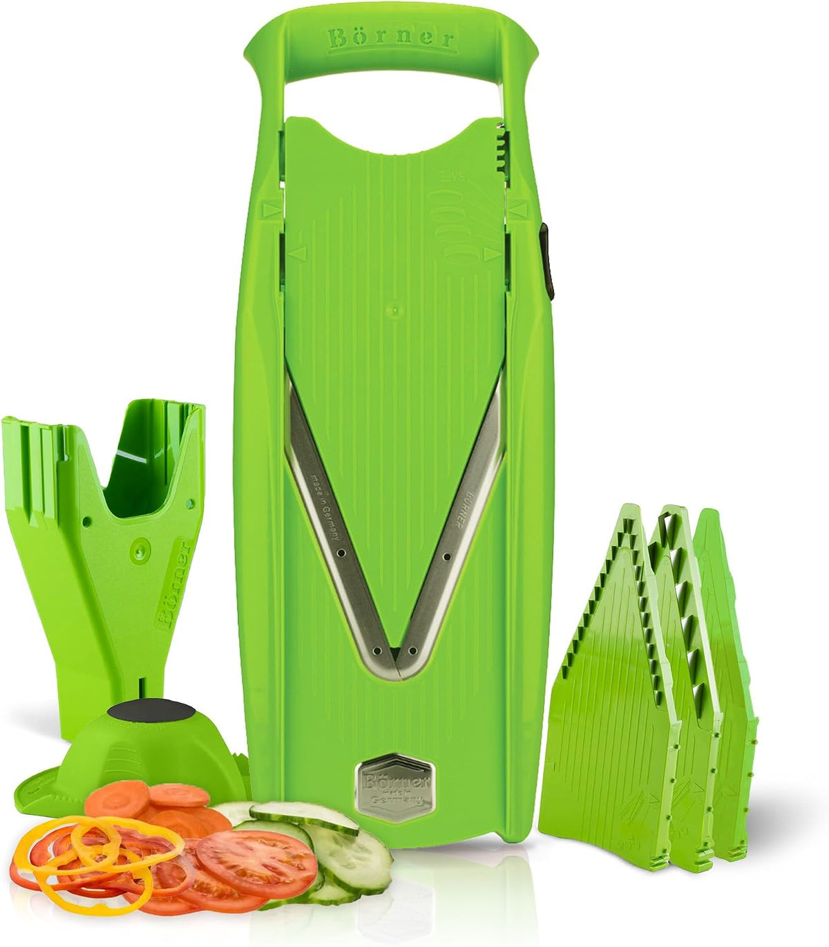 Swissmar VPower V-Slicer Mandoline – Professional Kitchen Tool with Adjustable Thickness – Precision Food Slicer for Vegetables, Julienne, Shredding – Includes Safety Holder & Inserts - White
