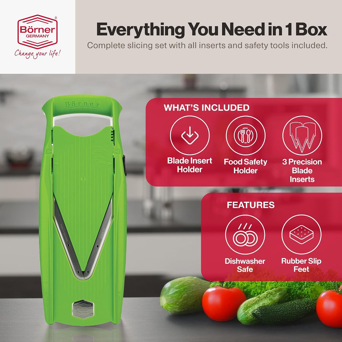 Swissmar VPower V-Slicer Mandoline – Professional Kitchen Tool with Adjustable Thickness – Precision Food Slicer for Vegetables, Julienne, Shredding – Includes Safety Holder & Inserts - White